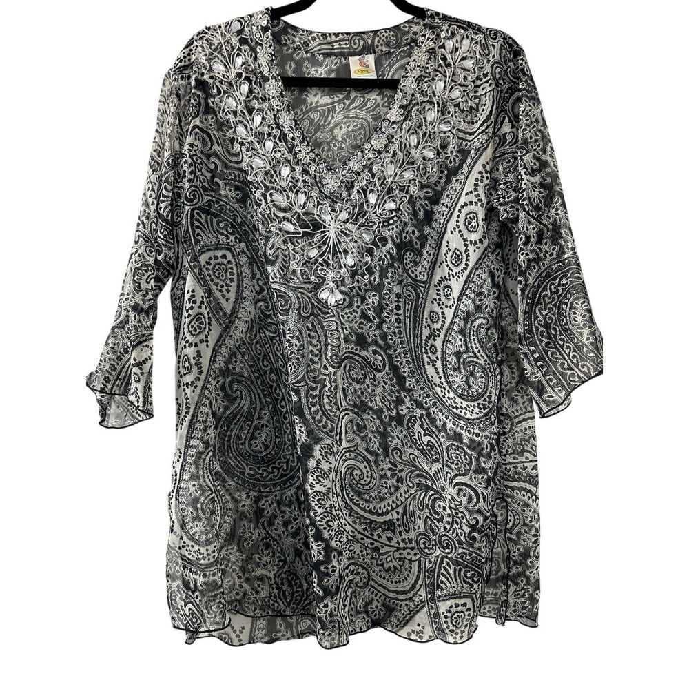 Rima Paisley Terivoile Tunic S/M Black White‎ Sequin V-Neck Boho Beach Kaftan